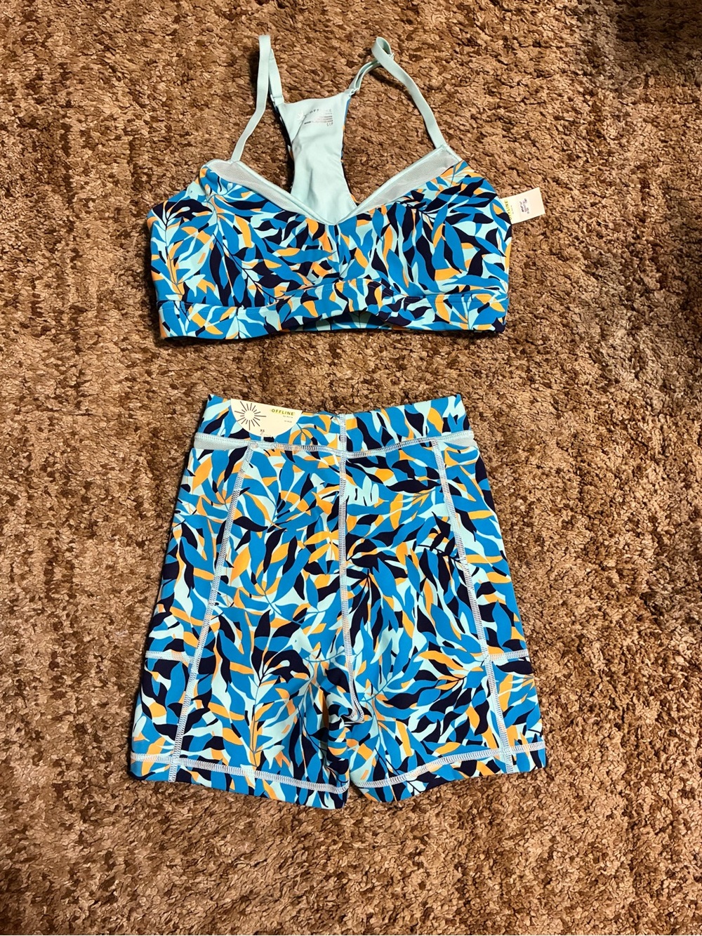 aerie Blue & Yellow Leaf Print Athletic Shorts